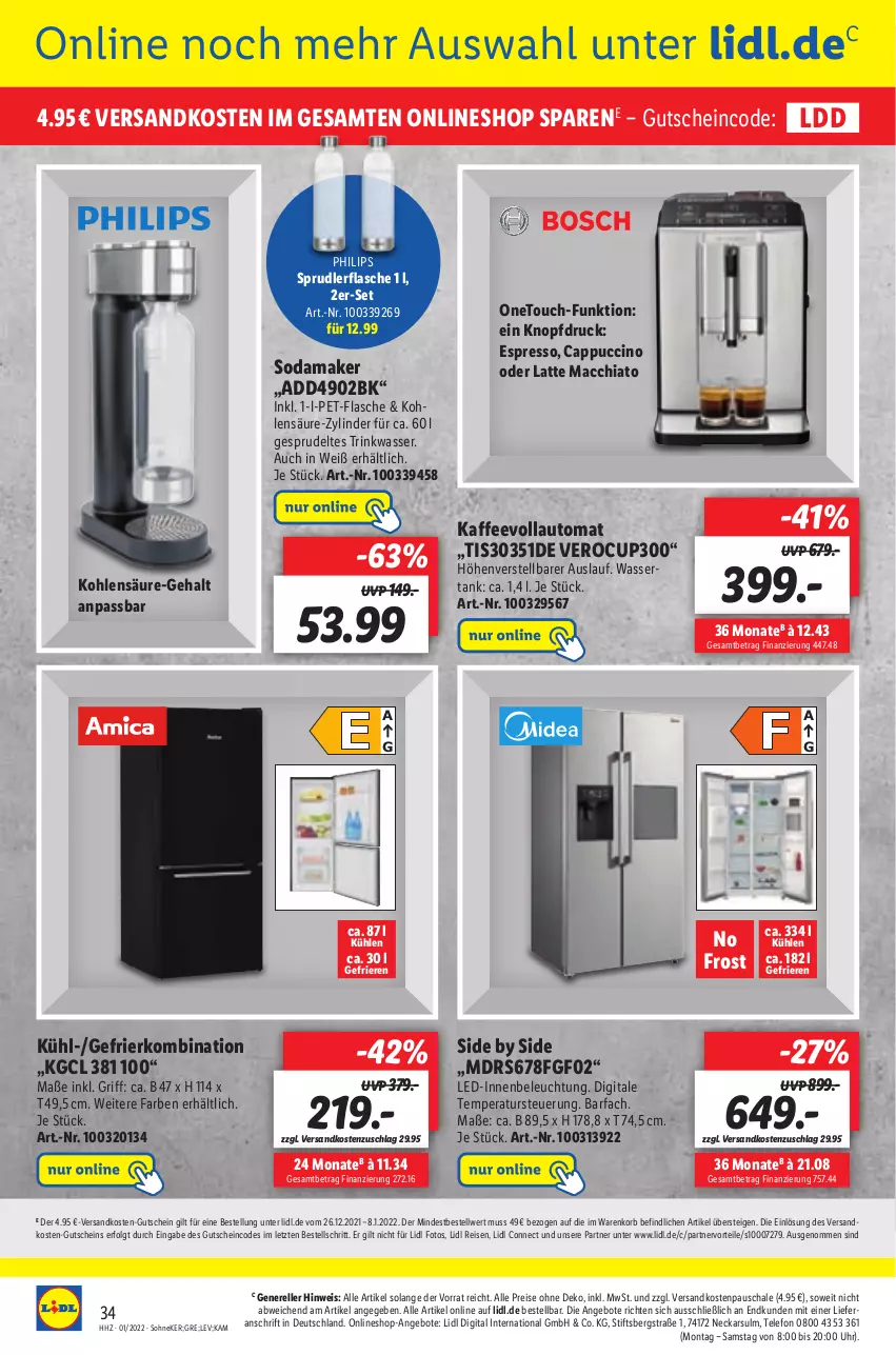 Aktueller Prospekt Lidl - Aktionsprospekt - von 03.01 bis 08.01.2022 - strona 34 - produkty: ACC, angebot, angebote, auto, beleuchtung, Cap, cappuccino, chia, cin, eis, elle, espresso, flasche, gefrierkombination, gutschein, kaffee, kaffeevollautomat, korb, latte, latte macchiato, LG, mac, macchiato, ndk, pet-flasche, Philips, reis, rel, Schal, Schale, Soda, Sprudel, telefon, Ti, uhr, wasser, wassertank, ZTE