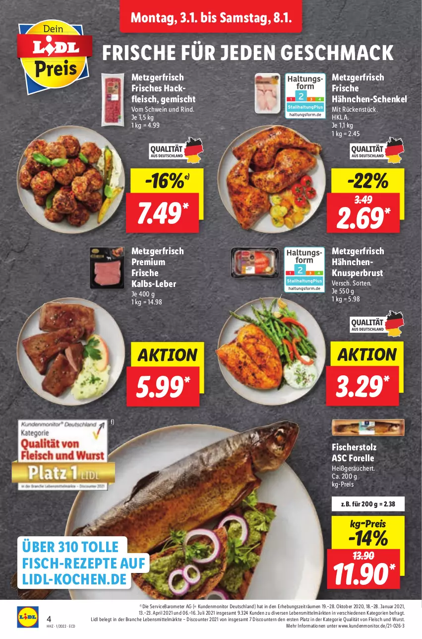 Aktueller Prospekt Lidl - Aktionsprospekt - von 03.01 bis 08.01.2022 - strona 4 - produkty: discount, eis, elle, fisch, fische, Fischer, fleisch, forelle, Frische Hähnchen, hackfleisch, hähnchen-schenkel, henkel, lebensmittel, mac, monitor, pril, reis, rel, rezept, rezepte, rind, schenkel, schwein, schwein und rind, Ti, vom schwein und rind, wein, wurst