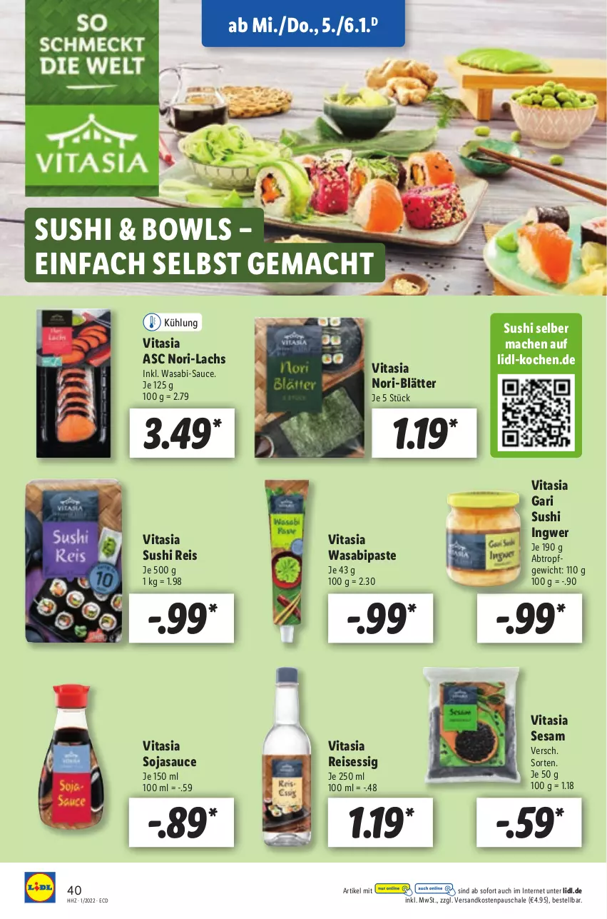 Aktueller Prospekt Lidl - Aktionsprospekt - von 03.01 bis 08.01.2022 - strona 40 - produkty: eis, essig, ingwer, lachs, mac, ndk, reis, sauce, Schal, Schale, sesam, soja, sojasauce, Sushi, Ti, vita, wasa