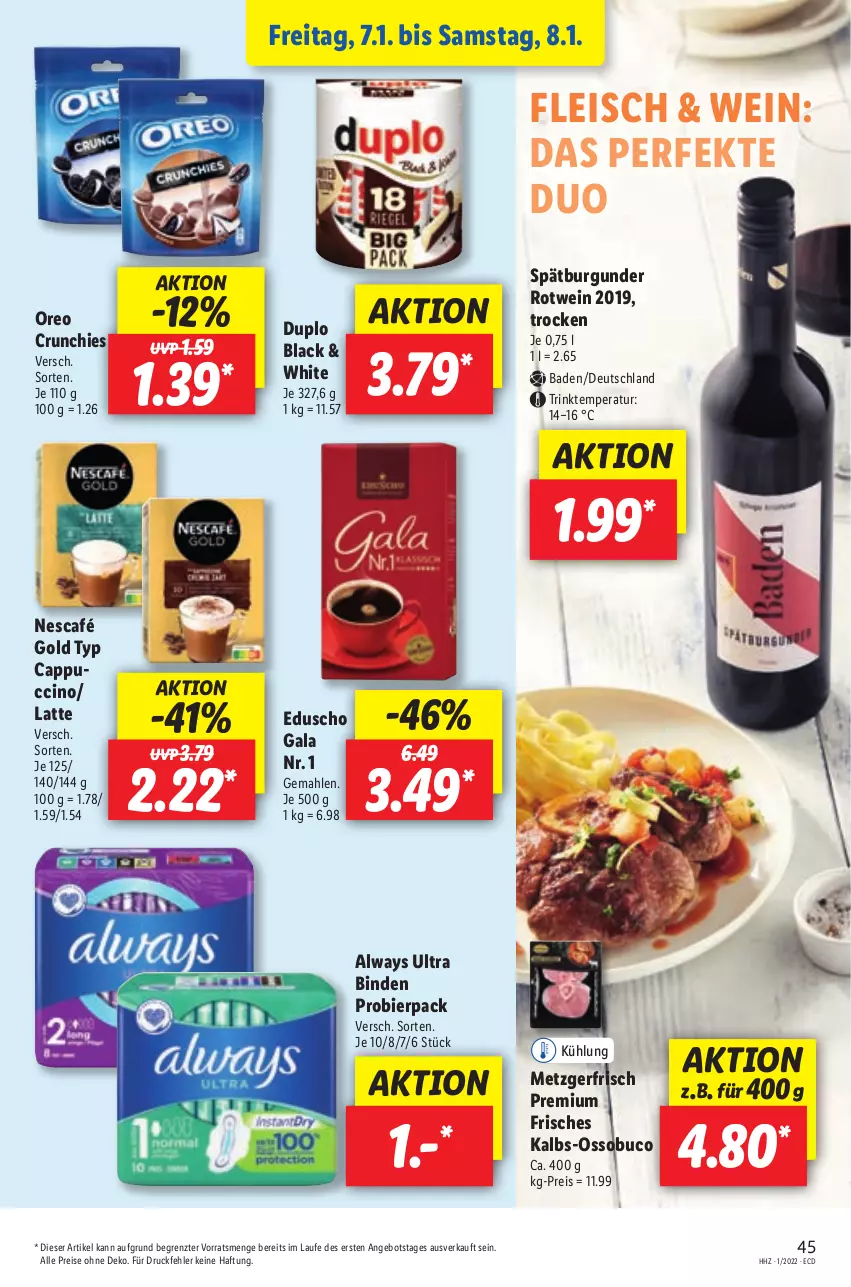 Aktueller Prospekt Lidl - Aktionsprospekt - von 03.01 bis 08.01.2022 - strona 45 - produkty: Alwa, Always, angebot, Bad, bier, binden, burgunder, Cap, cin, duplo, eduscho, eis, fleisch, lack, latte, Nescafé, nescafé gold, oreo, reis, rotwein, spätburgunder, Ti, wein, ZTE