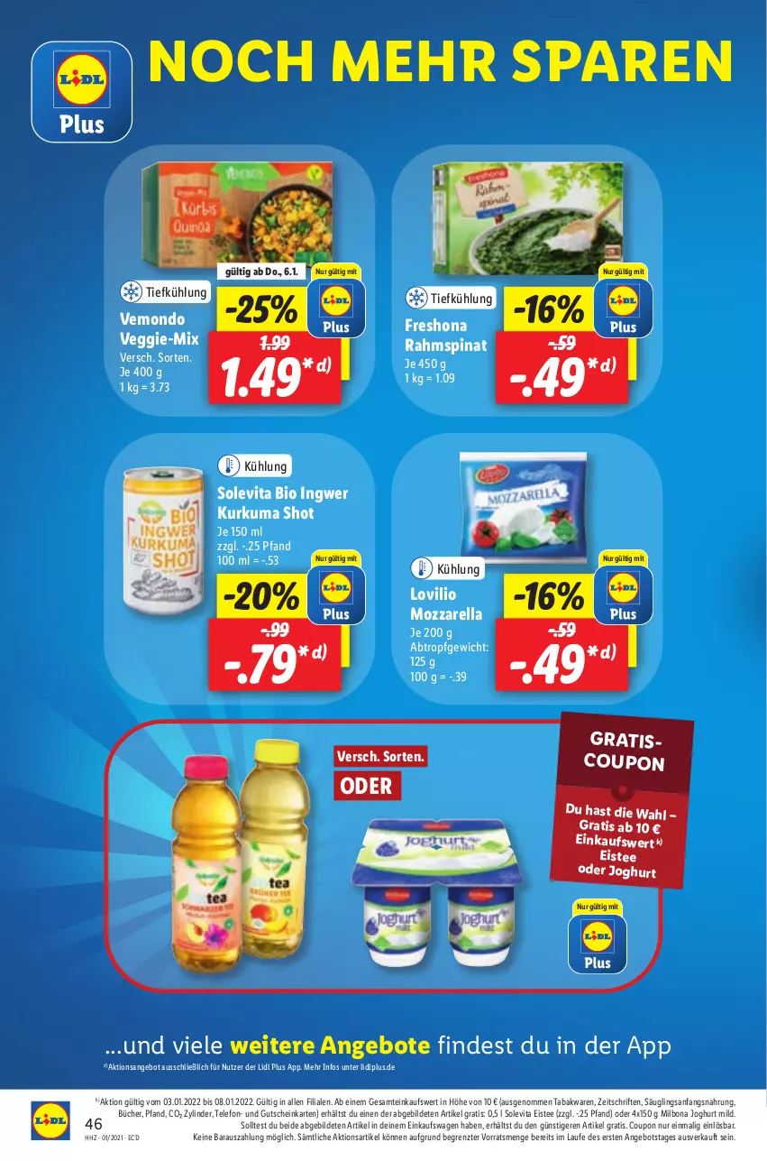 Aktueller Prospekt Lidl - Aktionsprospekt - von 03.01 bis 08.01.2022 - strona 46 - produkty: angebot, angebote, bio, Bona, coupon, eis, eistee, gutschein, ingwer, joghur, joghurt, joghurt mild, Milbona, mozzarella, rel, spinat, tee, telefon, Ti, veggie, vita, ZTE