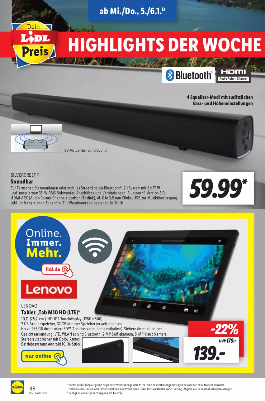 Aktueller Prospekt Lidl - Aktionsprospekt - von 03.01 bis 08.01.2022 - strona 48 - produkty: angebot, Betriebssystem, dell, eier, eis, elle, fernseher, hauptkamera, HDMI, kamera, lautsprecher, lenovo, microsd, Mode, reis, rwe, silvercrest, soundbar, speicherkarte, Subwoofer, tablet, Ti, tisch, usb, ZTE