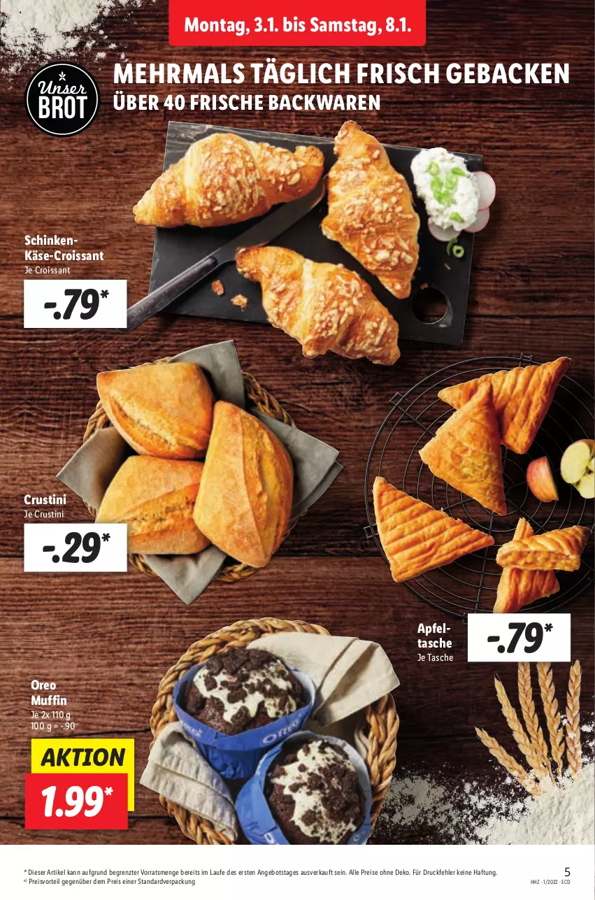 Aktueller Prospekt Lidl - Aktionsprospekt - von 03.01 bis 08.01.2022 - strona 5 - produkty: angebot, apfel, Apfeltasche, backwaren, brot, Croissant, Crustini, eis, frische backwaren, geback, Käse, Muffin, oreo, preisvorteil, reis, schinken, Tasche, Ti, ZTE