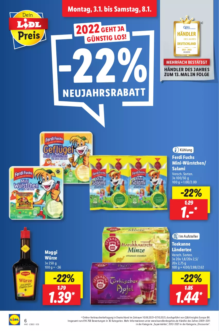 Aktueller Prospekt Lidl - Aktionsprospekt - von 03.01 bis 08.01.2022 - strona 6 - produkty: discount, elle, erde, ferdi fuchs, Ländertee, LG, maggi, maggi würze, Mini-Würstchen, Rauch, salami, tee, teekanne, teller, Ti, würstchen