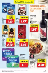 Gazetka promocyjna Lidl - Aktionsprospekt - Gazetka - ważna od 08.01 do 08.01.2022 - strona 45 - produkty: Alwa, Always, angebot, Bad, bier, binden, burgunder, Cap, cin, duplo, eduscho, eis, fleisch, lack, latte, Nescafé, nescafé gold, oreo, reis, rotwein, spätburgunder, Ti, wein, ZTE