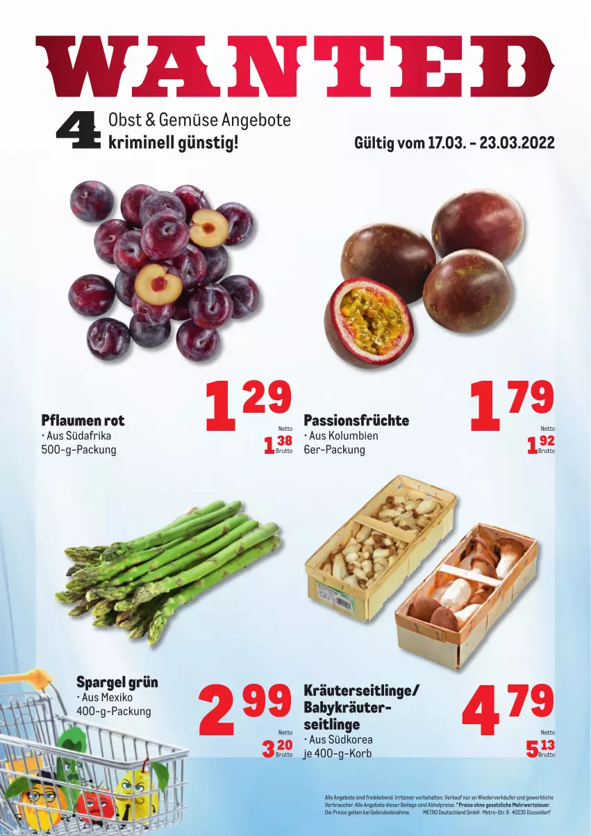 Aktueller Prospekt Metro - Obst & Gemüse Frischepreise - von 17.03 bis 23.03.2022 - strona 1 - produkty: abholpreise, angebot, angebote, brut, eis, früchte, ilag, korb, kräuter, Kräuterseitlinge, Metro, obst, pflaume, pflaumen, Rauch, reis, rwe, spargel, spargel grün, Ti