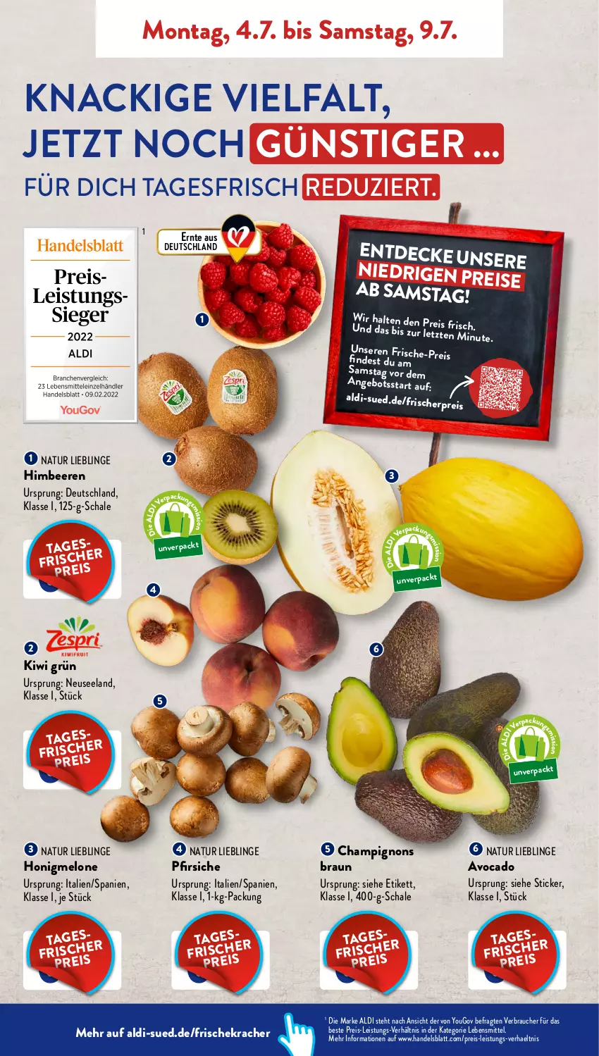 Aktueller Prospekt AldiSud - NÄCHSTE WOCHE - von 04.07 bis 09.07.2022 - strona 2 - produkty: aldi, angebot, avocado, beere, beeren, braun, champignon, champignons, champignons braun, decke, eis, Elan, himbeer, himbeere, himbeeren, honig, honigmelone, kiwi, kracher, lebensmittel, melone, natur, pfirsich, pfirsiche, Rauch, reis, Schal, Schale, Ti, Yo, ZTE