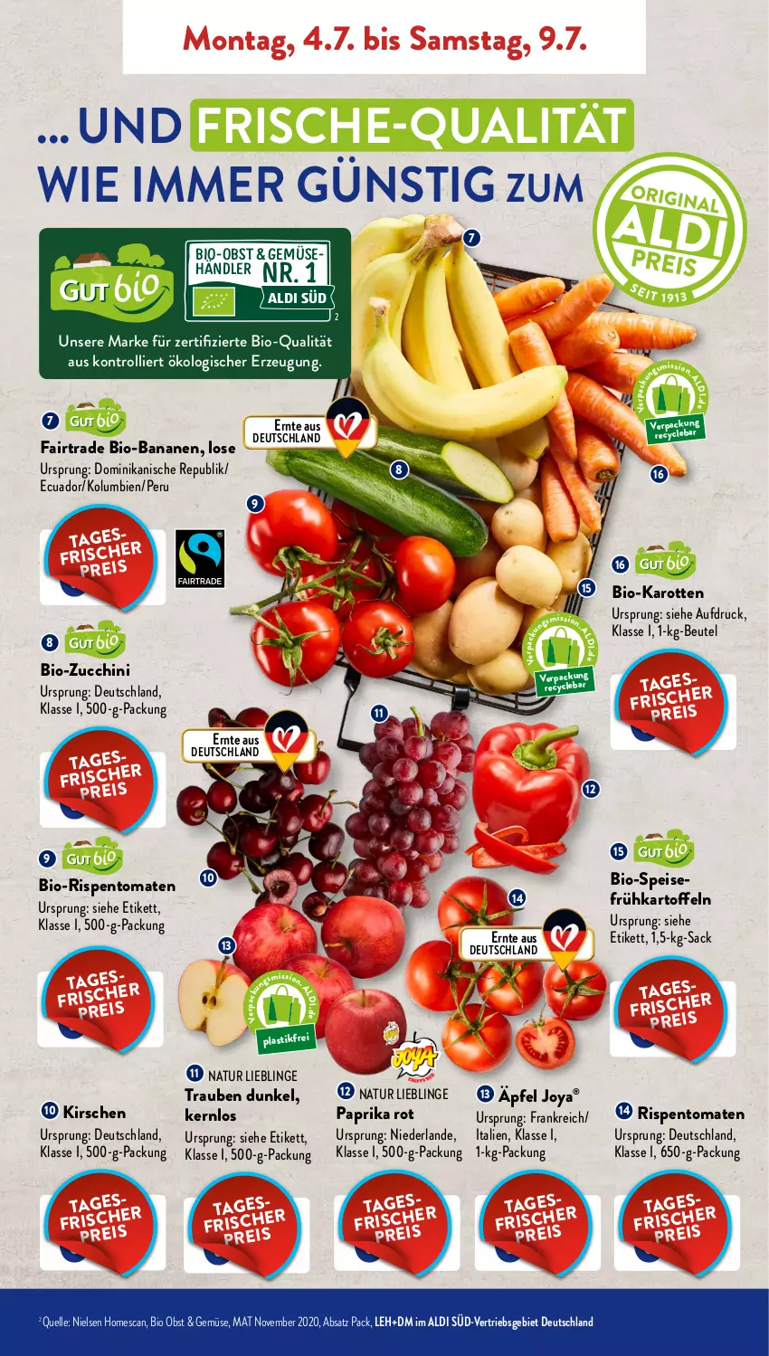 Aktueller Prospekt AldiSud - NÄCHSTE WOCHE - von 04.07 bis 09.07.2022 - strona 3 - produkty: aldi, asti, banane, bananen, beutel, bio, bio-bananen, bio-karotten, Bio-Obst, bio-zucchini, eis, elle, Frühkartoffeln, karotten, kartoffel, kartoffeln, kirsch, kirsche, kirschen, natur, obst, paprika, paprika rot, rispentomaten, sac, speisefrühkartoffeln, Ti, tomate, tomaten, trauben, trolli, zucchini