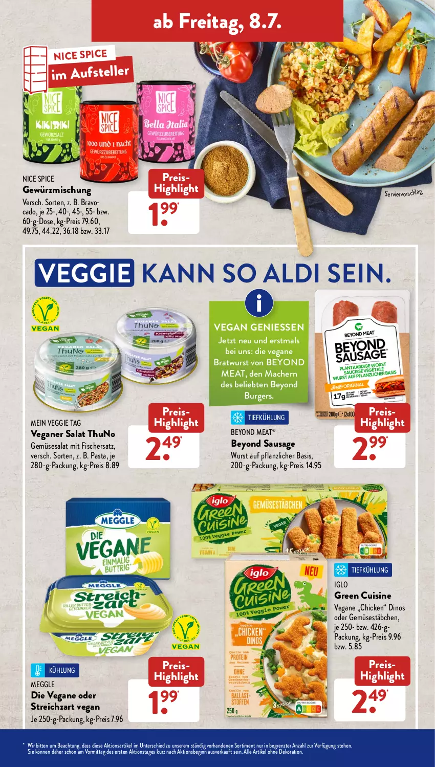 Aktueller Prospekt AldiSud - NÄCHSTE WOCHE - von 04.07 bis 09.07.2022 - strona 33 - produkty: aldi, alle artikel ohne dekoration, avocado, bratwurst, Bravo, burger, dekoration, eis, elle, fisch, gewürz, Gewürzmischung, gin, iglo, je 250-g-packung, mac, meggle, pasta, reis, salat, Streichzart, teller, Ti, veggie, wurst, Yo, ZTE