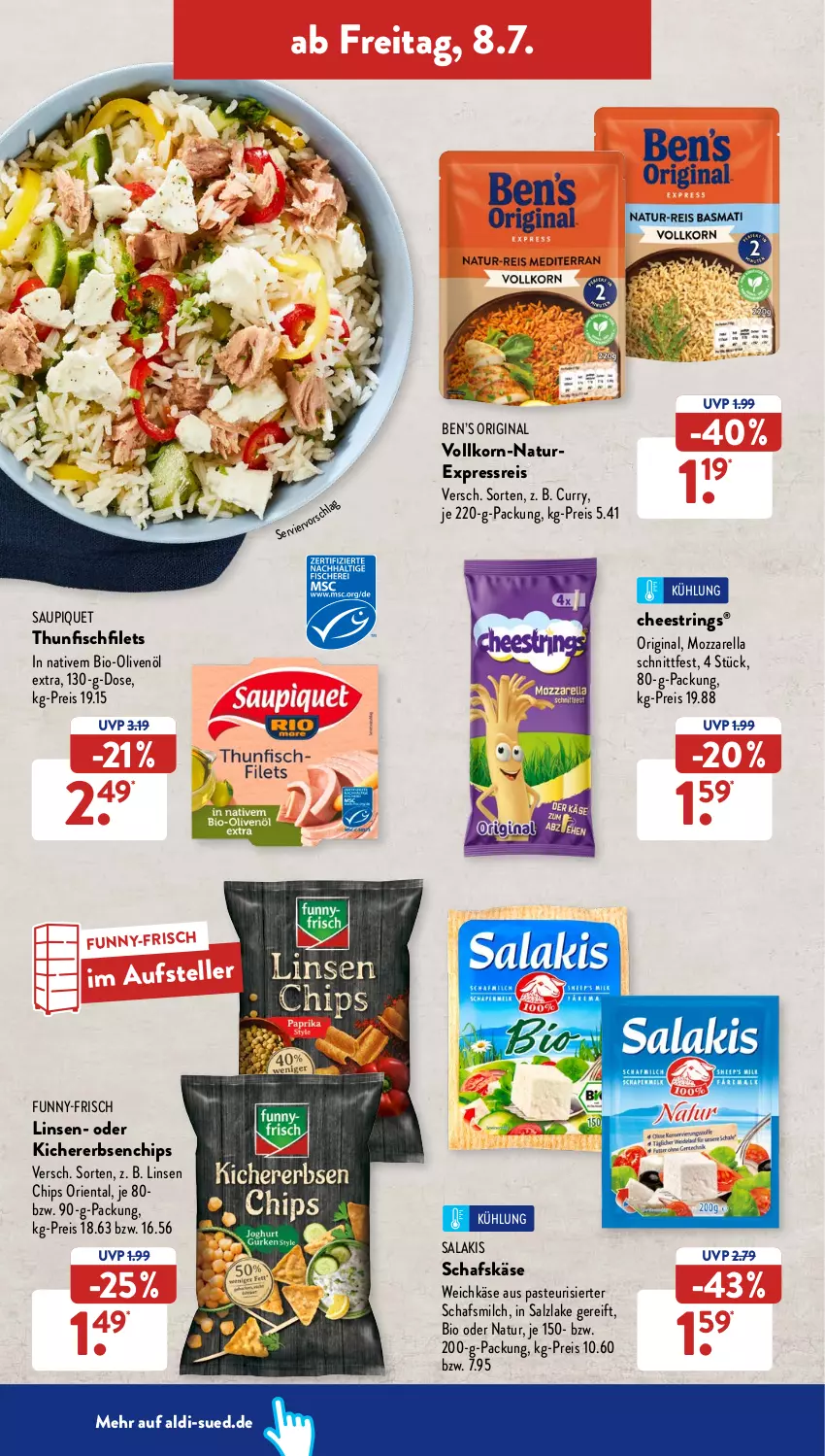 Aktueller Prospekt AldiSud - NÄCHSTE WOCHE - von 04.07 bis 09.07.2022 - strona 34 - produkty: aldi, Ben’s Original, bio, Bio-Olivenöl, chips, curry, eis, elle, erbsen, filet, filets, fisch, funny-frisch, gin, Käse, kichererbsen, korn, linsen, milch, mozzarella, natur, olive, oliven, olivenöl, olivenöl extra, reis, rel, ring, salakis, salz, saupiquet, schafskäse, String, teller, thunfisch, Ti, weichkäse