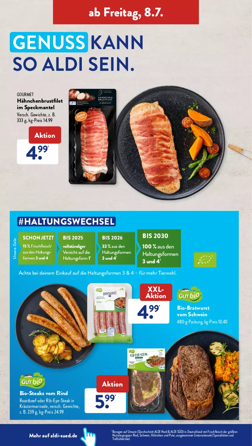 Aktueller Prospekt AldiSud - NÄCHSTE WOCHE - von 04.07 bis 09.07.2022 - strona 36 - produkty: aldi, beef, bio, Bio-Steak, bratwurst, brustfilet, eis, filet, fleisch, gsw, hähnchenbrust, hähnchenbrustfilet, kräuter, Mantel, marinade, nuss, pute, reis, rind, roastbeef, schwein, Speck, Spezi, steak, steaks, Ti, wein, wurst