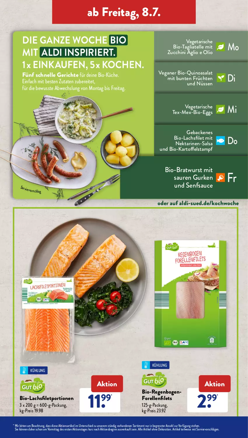 Aktueller Prospekt AldiSud - NÄCHSTE WOCHE - von 04.07 bis 09.07.2022 - strona 37 - produkty: aldi, alle artikel ohne dekoration, bio, bratwurst, dekoration, eis, elle, filet, filets, forelle, früchte, früchten, geback, gin, gurke, gurken, kartoffel, küche, lachs, lachsfilet, Nektar, nektarinen, quinoa, reis, rel, salat, Salsa, sauce, senf, tagliatelle, Ti, Vegeta, wurst, ZTE, zucchini