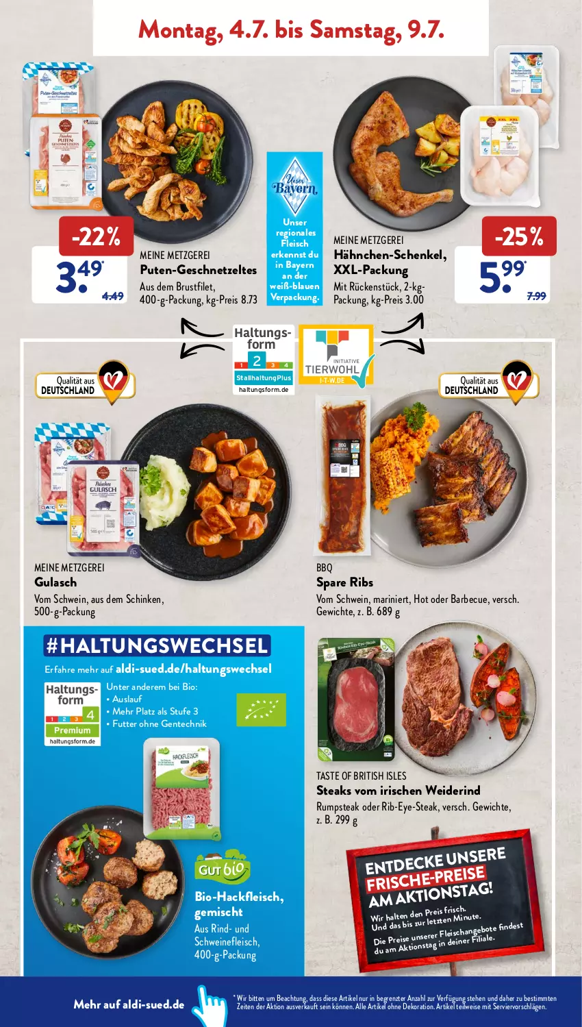 Aktueller Prospekt AldiSud - NÄCHSTE WOCHE - von 04.07 bis 09.07.2022 - strona 4 - produkty: aldi, alle artikel ohne dekoration, barbecue, bio, Bio-Hackfleisch, brustfilet, dekoration, eis, ente, filet, fleisch, geschnetzeltes, gsw, gulasch, hackfleisch, hähnchen-schenkel, henkel, pute, reis, rind, rum, rumpsteak, schenkel, schinken, schwein, schweine, schweinefleisch, spare ribs, steak, steaks, Ti, wein, weine, xxl-packung, Zelt, ZTE