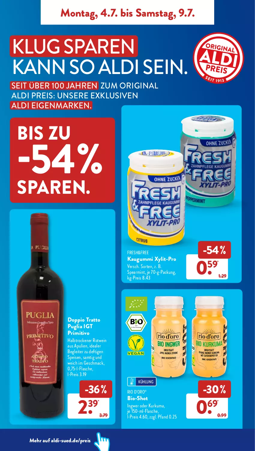 Aktueller Prospekt AldiSud - NÄCHSTE WOCHE - von 04.07 bis 09.07.2022 - strona 8 - produkty: aldi, bio, eis, flasche, gin, ingwer, kaugummi, mac, mint, primitivo, reis, rotwein, Ti, wein