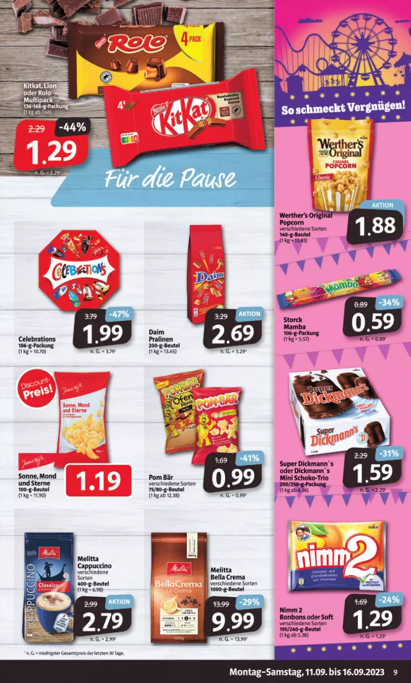 Aktueller Prospekt Markant - Prospekte - von 11.09 bis 16.09.2023 - strona 9 - produkty: beutel, Cap, cappuccino, cin, daim, eis, gin, melitta, popcorn, pralinen, reis, schoko, Ti, werther's, ZTE