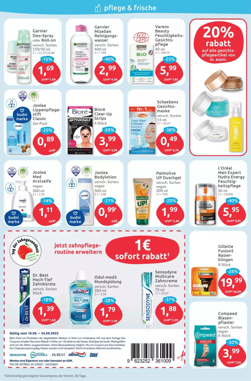 Aktueller Prospekt Budni - Prospekte - von 19.09 bis 24.09.2022 - strona 2 - produkty: Arztseife, asti, bio, body, bodylotion, bürste, Compeed, coupon, coupons, deo, duschgel, eis, elle, erde, fusion5, garnier, gillette, gin, l'oreal, lamm, LG, Lippenpflege, Lotion, M.ASAM, Maske, mizellen, Odol, olive, palmolive, pflaster, Reinigung, reis, rel, rezept, roll-on, rwe, Schaebens, Seife, sensodyne, tee, Ti, wasser, zahnbürste, ZTE