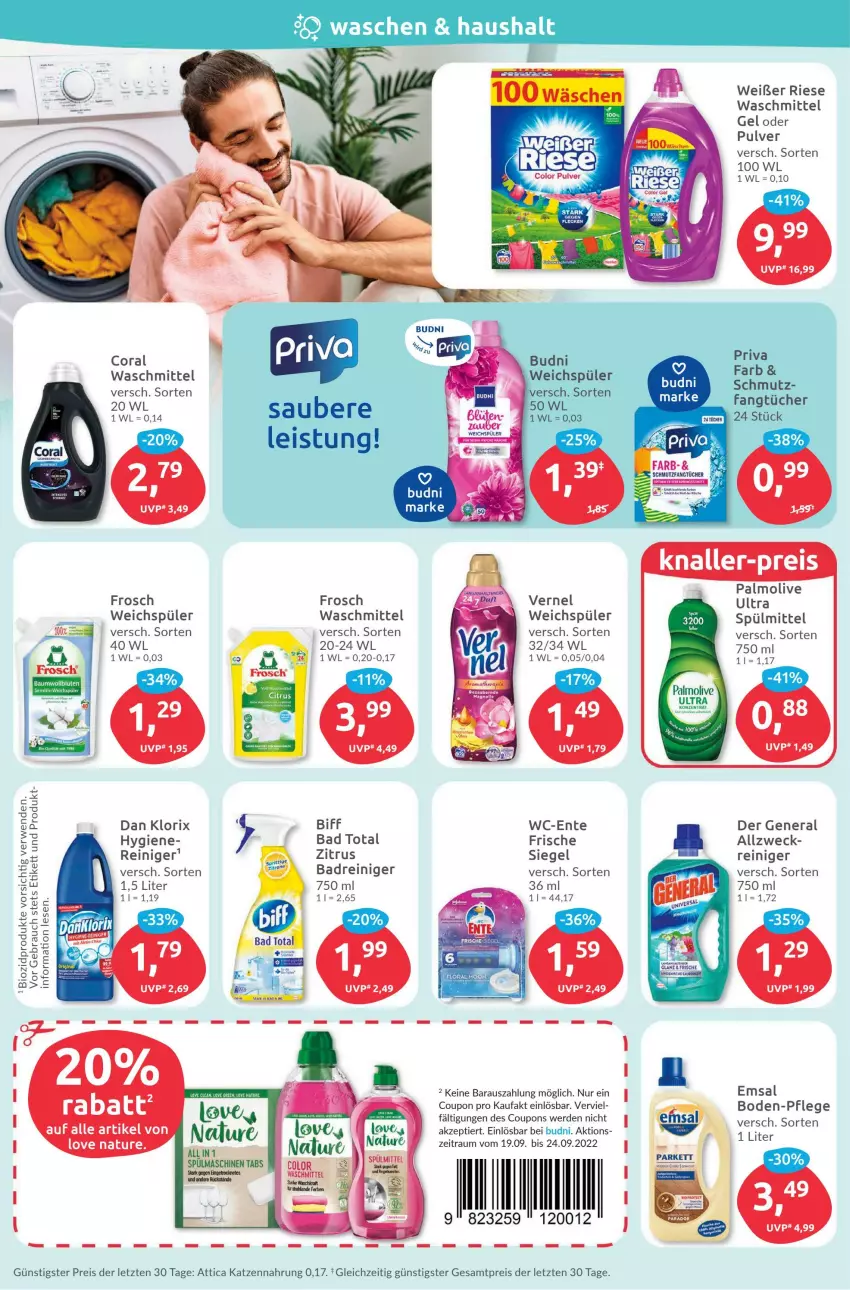 Aktueller Prospekt Budni - Prospekte - von 19.09 bis 24.09.2022 - strona 4 - produkty: Bad, Bau, biff, bio, biozidprodukte, Coral, coupon, coupons, eis, emsa, ente, erde, Fangtücher, Frosch, katzennahrung, kraft, olive, palmolive, Rauch, reiniger, reis, rwe, spülmaschinen, spülmaschinentabs, spülmittel, tee, Ti, tücher, vernel, waschmittel, weck, weichspüler, ZTE