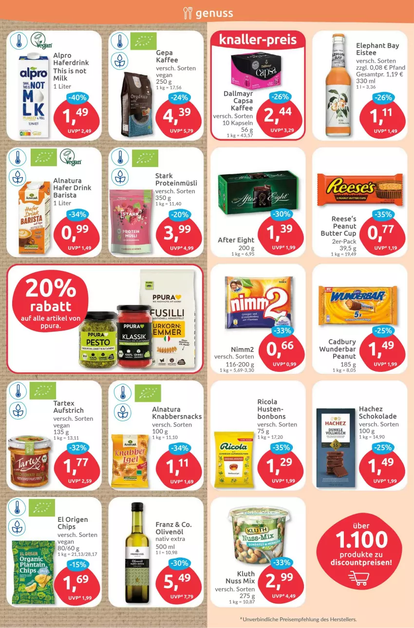 Aktueller Prospekt Budni - Prospekte - von 19.09 bis 24.09.2022 - strona 6 - produkty: after eight, alpro, aufstrich, bio, bonbons, butter, Cap, chips, cola, dallmayr, dallmayr capsa, drink, eis, eistee, Elephant Bay, elle, fusilli, hafer, Haferdrink, kaffee, KnabberSnack, korn, kräuter, kräutern, milch, müsli, natur, natura, nimm2, nuss, olive, oliven, olivenöl, peanut butter, Reese's, reis, Ricola, schoko, schokolade, snack, snacks, tee, teller, Ti, urkorn, vollmilch