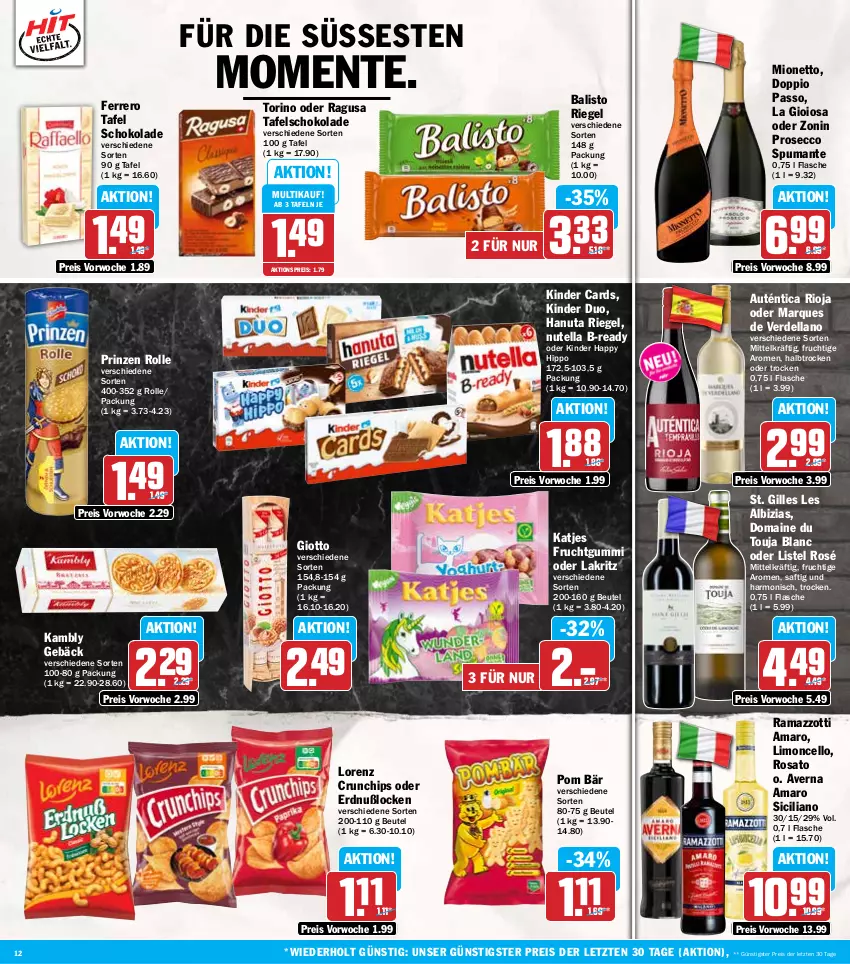 Aktueller Prospekt Hit - Wochenprospekt - von 09.09 bis 14.09.2024 - strona 12 - produkty: aktionspreis, amaro, averna, balisto, beutel, chips, crunchips, dell, doppio passo, ecco, eis, ente, erde, ferrero, flasche, frucht, fruchtgummi, giotto, hanuta, hipp, katjes, Kinder, La Gioiosa, Lakritz, limo, lorenz, lorenz crunchips, mionetto, nutella, oder lakritz, passo, prinzen rolle, prosecco, puma, rama, ramazzott, ramazzotti, reis, riegel, rioja, rosato, saft, schoko, schokolade, spumante, tafelschokolade, Ti, zonin, zott, ZTE