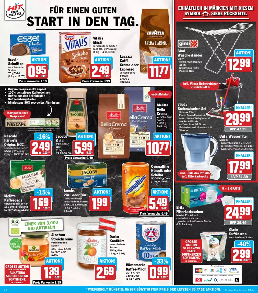 Aktueller Prospekt Hit - Wochenprospekt - von 09.09 bis 14.09.2024 - strona 14 - produkty: bärenmarke, Bau, bella crema, bio, bodenwischer, bohne, bohnen, brita, caffè crema, creme, darbo, Duftkerze, eimer, eis, espresso, filterkartuschen, gin, Glade, jacobs, Jacobs Gold, kaffee, kaffeebohnen, kaffeepads, kerze, konfitüre, lavazza, leine, löslicher kaffee, mac, Maxtra, melitta, milch, müsli, natur, natura, Nescafé, nespresso, nestlé, oder espresso, ovomaltine, rama, reiniger, reis, rel, ring, schnitten, schoko, Ti, Tiere, vileda, vita, vitalis, vitalis müsli, wasser, wasserfilter, wasserfilter marella, ZTE