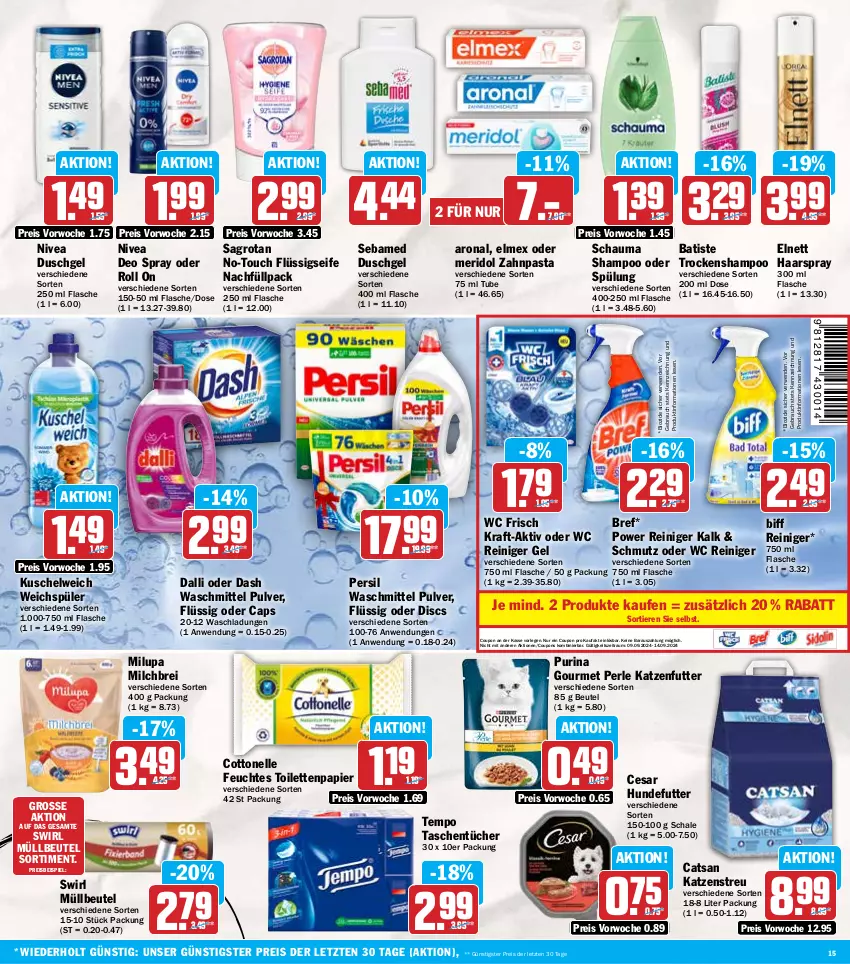 Aktueller Prospekt Hit - Wochenprospekt - von 09.09 bis 14.09.2024 - strona 15 - produkty: Bad, beutel, biff, bio, Bref, Brei, Cap, catsan, cottonelle, coupon, coupons, dalli, deo, deo spray, duschgel, eis, elle, elmex, elnett, feuchtes toilettenpapier, flasche, flüssigseife, haarspray, katzenfutter, Katzenstreu, kraft, Kuschelweich, meridol, milch, milupa, müllbeutel, nivea, papier, pasta, persil, purina, Rauch, reiniger, reiniger gel, Reinigung, reis, rwe, sagrotan, Schal, Schale, schauma, sebamed, Seife, shampoo, spülung, swirl, Tasche, taschen, taschentücher, Tempo, Ti, Tiere, toilettenpapier, Trockenshampoo, tücher, waschmittel, wc frisch, weichspüler, zahnpasta, ZTE