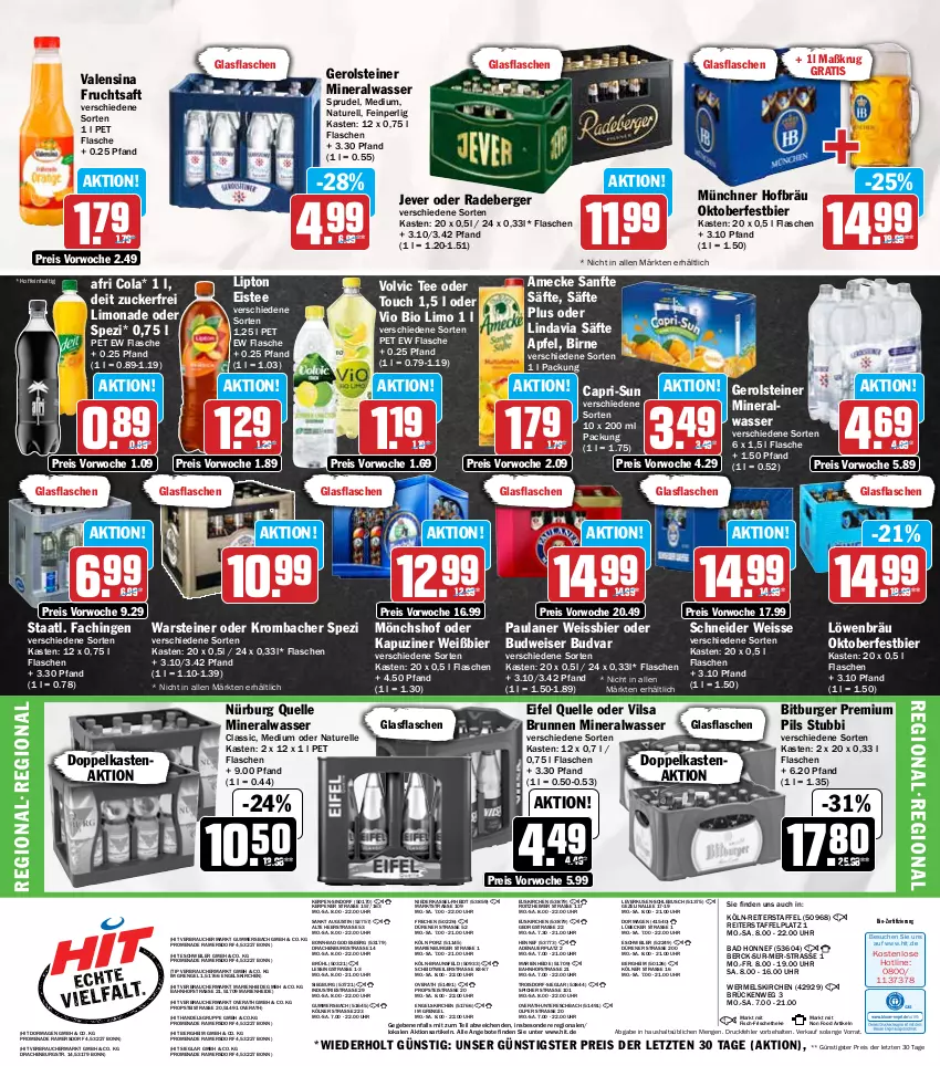 Aktueller Prospekt Hit - Wochenprospekt - von 09.09 bis 14.09.2024 - strona 18 - produkty: Afri Cola, Alwa, amecke, angebot, angebote, apfel, auer, Bad, Berger, bier, bio, bio limo, bitburger, braun, brunnen, budweiser, burger, Cap, capri-sun, cola, deit, eimer, eis, eistee, elle, Engel, fisch, flasche, frucht, fruchtsaft, gerolsteine, gerolsteiner, glasflasche, jever, krombache, krombacher, limo, limonade, lipton, Lübecker, mineralwasser, mönchshof, natur, Paula, paulaner, pils, premium pils, radeberger, Rauch, reis, rel, saft, säfte, Spezi, Sprudel, Staatl. Fachingen, steiner, tee, Ti, uhr, valensina, vilsa, vio bio limo, volvic, warsteiner, wasser, weissbier, ZTE, zucker