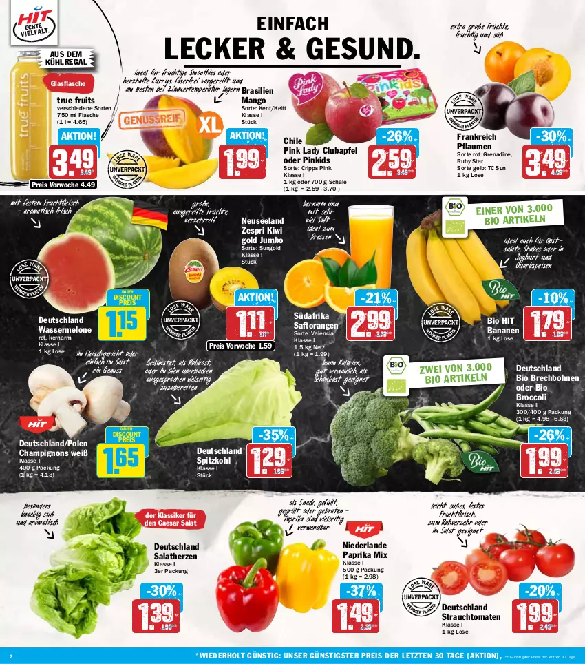 Aktueller Prospekt Hit - Wochenprospekt - von 09.09 bis 14.09.2024 - strona 2 - produkty: apfel, auer, aus dem kühlregal, banane, bananen, bio, bio hit, bohne, bohnen, braten, broccoli, champignon, champignons, curry, discount, eis, Elan, flasche, fleisch, frucht, früchte, fruchtfleisch, glasflasche, grill, joghur, joghurt, jumbo, kiwi, Kiwi Gold, kühlregal, mango, melone, nuss, obst, Ofen, orange, orangen, paprika, paprika mix, pflaume, pflaumen, Pink Lady, quark, Rauch, regal, reis, rwe, saft, Saftorangen, salat, salate, salatherzen, Schal, Schale, shake, smoothie, smoothies, snack, spitzkohl, strauchtomaten, Ti, tisch, tomate, tomaten, true fruits, wasser, wassermelone, zespri, ZTE