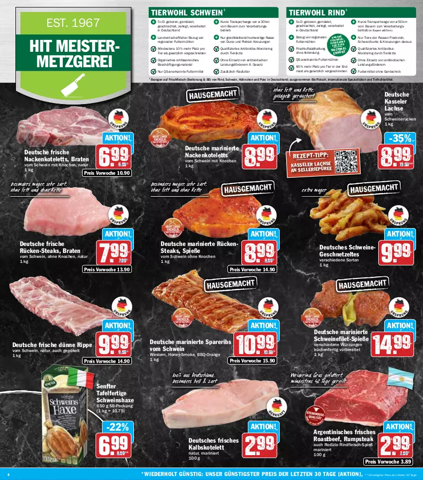 Aktueller Prospekt Hit - Wochenprospekt - von 09.09 bis 14.09.2024 - strona 4 - produkty: auer, axe, Bau, Bauer, beef, bio, braten, eis, elle, ente, filet, fleisch, Geflügel, geschnetzeltes, Haxe, kalbskotelett, kasseler, Kette, kotelett, küche, Küchen, lachs, Meister, monitor, nackenkoteletts, natur, orange, püree, pute, reis, Ria, rind, rindfleisch, ring, roastbeef, Rückensteak, rückensteaks, rum, rumpsteak, schwein, schweine, schweinefilet, schweinerücken, senf, spareribs, Spezi, Sport, steak, steaks, Ti, Tiere, tisch, wein, weine, Zelt, ZTE