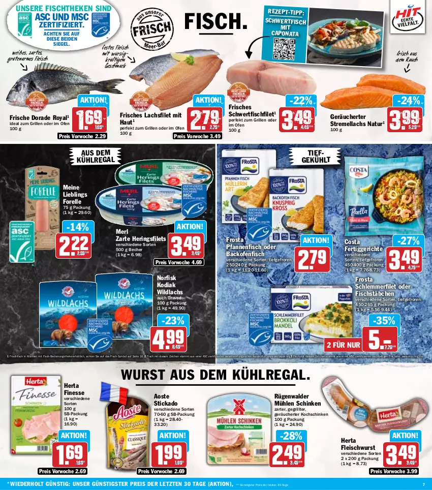 Aktueller Prospekt Hit - Wochenprospekt - von 09.09 bis 14.09.2024 - strona 7 - produkty: aoste stickado, aqua, aus dem kühlregal, backofen, Becher, Cap, Dorade, dorade royal, eis, elle, fertiggericht, fertiggerichte, filet, filets, finesse, fisch, fische, Fischer, fischstäbchen, fischtheke, fleisch, fleischwurst, forelle, frischfisch, frosta, grill, hering, Herings, heringsfilets, herta, herta finesse, kochschinken, kühlregal, lachs, lachsfilet, mac, merl, mühlen schinken, natur, Ofen, pfanne, pfannen, Rauch, regal, reis, rel, ring, rügenwalder, rügenwalder mühle, Schere, schinken, schlemmerfilet, stickado, Ti, Wild, wildlachs, wurst, ZTE