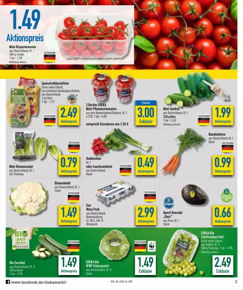 Aktueller Prospekt Diska - Prospekte - von 04.07 bis 09.07.2022 - strona 2 - produkty: aktionspreis, avocado, Becher, bio, blume, blumen, blumenkohl, Bundmöhren, eier, eis, Frühkartoffeln, gurke, gurken, kartoffel, kartoffeln, Lauchzwiebel, lauchzwiebeln, LG, mini-gurken, mini-rispentomaten, möhren, pflaume, pflaumen, radieschen, reis, rispentomaten, Romanasalat, salat, Schal, Schale, speisefrühkartoffeln, Ti, tomate, tomaten, zucchini, zwiebel, zwiebeln