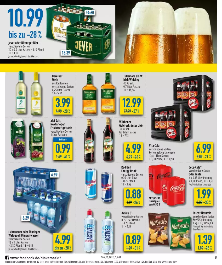 Aktueller Prospekt Diska - Prospekte - von 04.07 bis 09.07.2022 - strona 8 - produkty: Alwa, auer, bier, bitburger, burger, coca-cola, cola, drink, eis, energy drink, fanta, flasche, irish whiskey, jever, kräuter, lichtenauer, likör, limo, limonade, lorenz, mineralwasser, natur, natura, red bull, reis, ring, saft, Ti, tullamore, vita, wasser, wein, whiskey, wilthener, ZTE