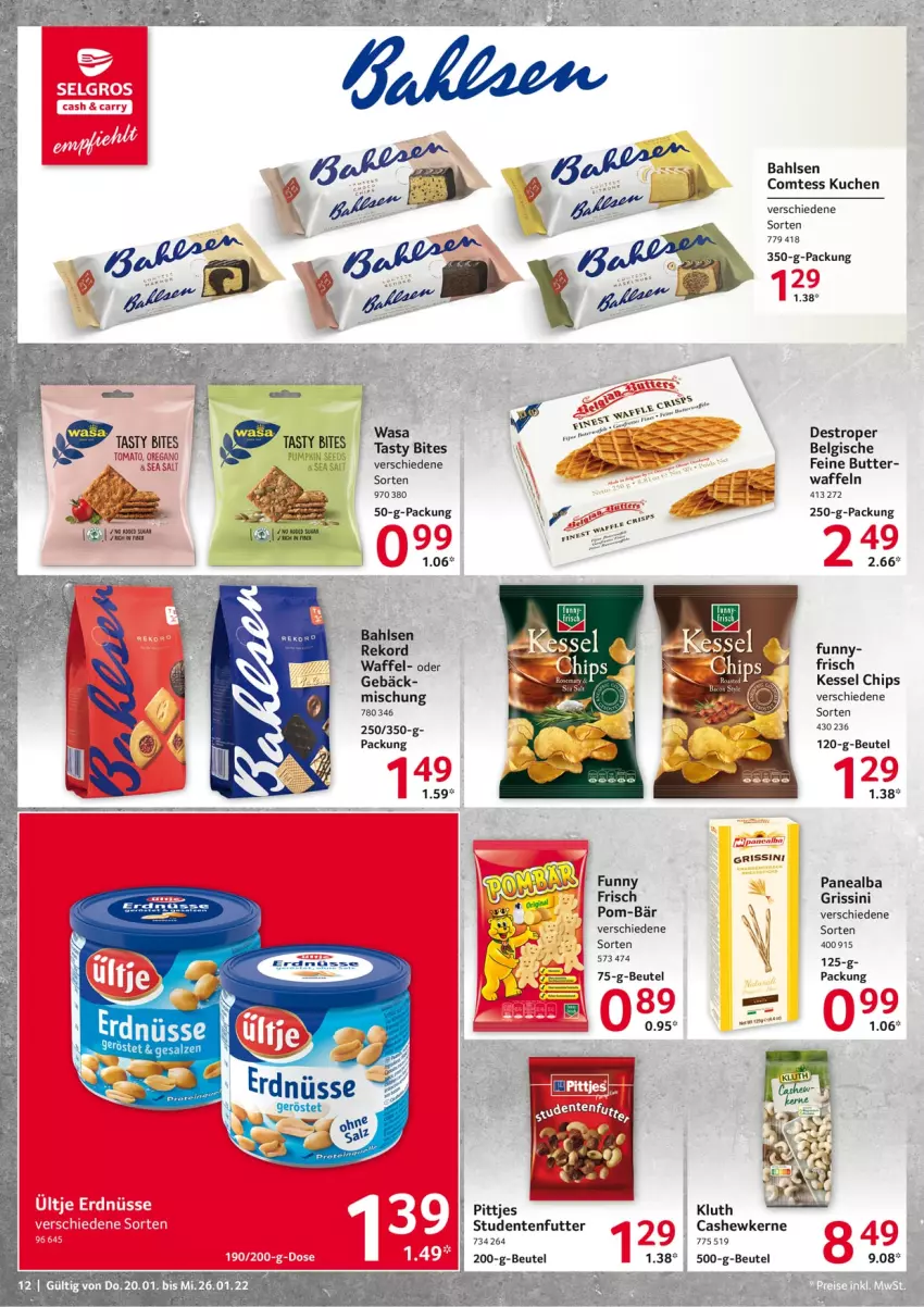 Aktueller Prospekt Selgros - Vorschau:
            Food - von 20.01 bis 26.01.2022 - strona 12 - produkty: bahlsen, beutel, bites, butter, Cashew, cashewkerne, chips, comtess, comtess kuchen, ente, Funny Frisch, grissini, kuchen, LG, pom-bär, studentenfutter, Ti, waffeln, wasa