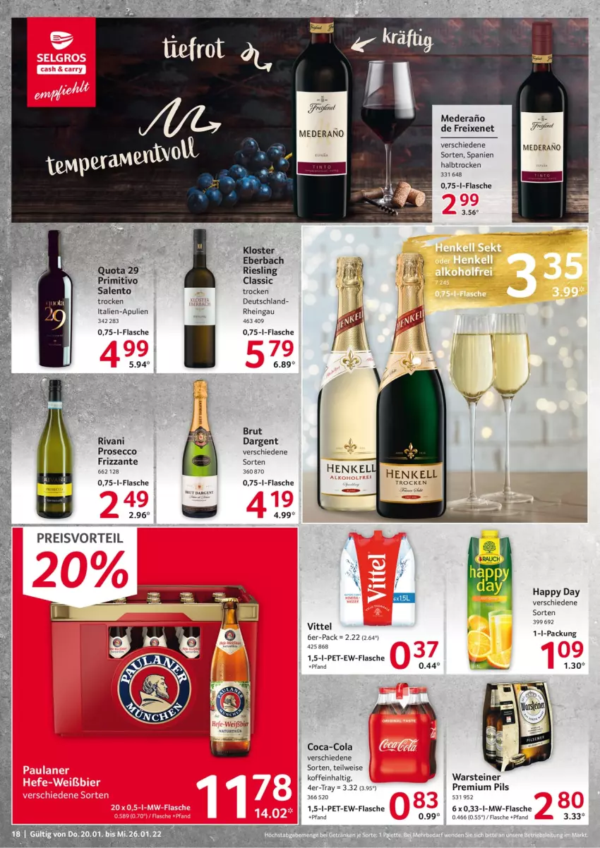 Aktueller Prospekt Selgros - Vorschau:
            Food - von 20.01 bis 26.01.2022 - strona 18 - produkty: bier, brut, coca-cola, cola, ecco, eis, flasche, freixenet, frizzante, Happy Day, mw-flasche, natur, pils, preisvorteil, premium pils, primitivo, prosecco, reifen, reis, riesling, steiner, Ti, warsteiner