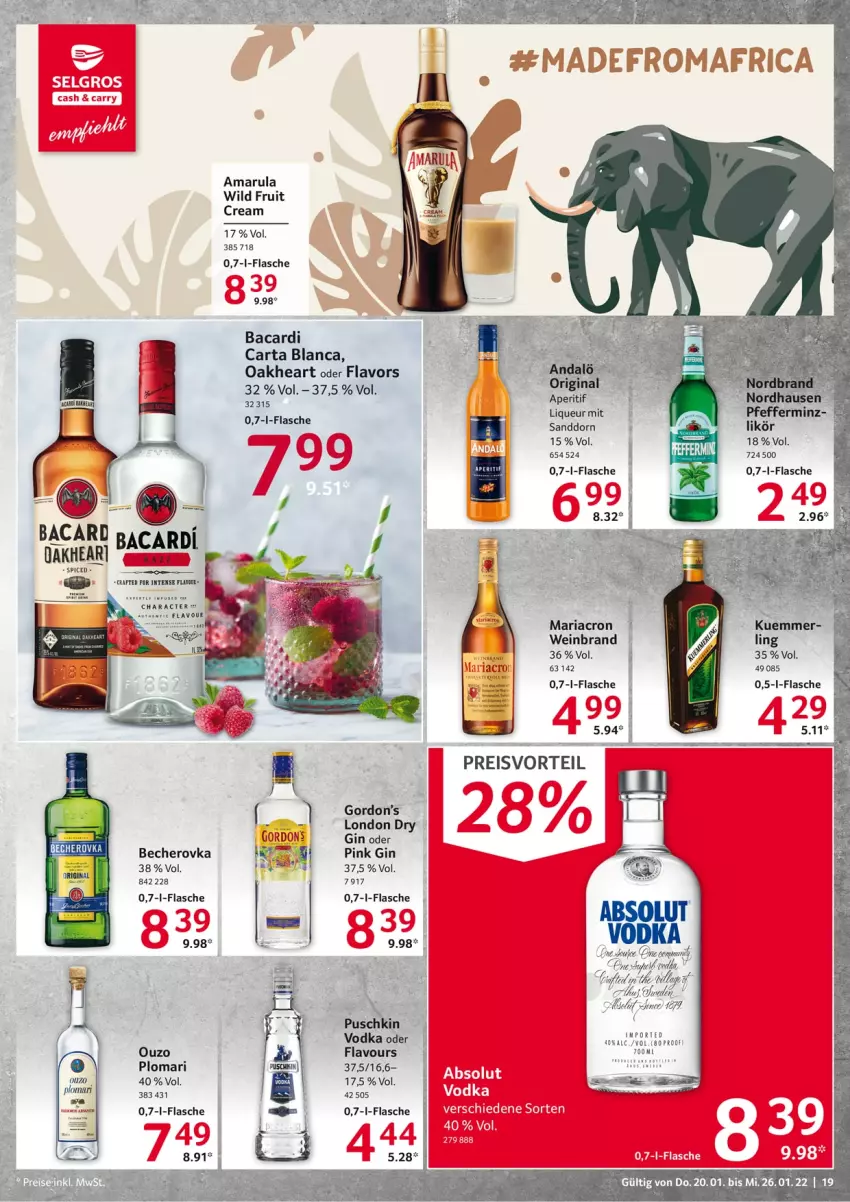 Aktueller Prospekt Selgros - Vorschau:
            Food - von 20.01 bis 26.01.2022 - strona 19 - produkty: abus, amarula, aperitif, bacardi, Becher, Becherovka, eis, flasche, gin, gordon, Gordon’s, hero, likör, liqueur, london dry, mariacron, nordbrand, oakheart, ouzo, pfeffer, preisvorteil, reis, Ria, sanddorn, Ti, vodka, wein, weinbrand, Wild