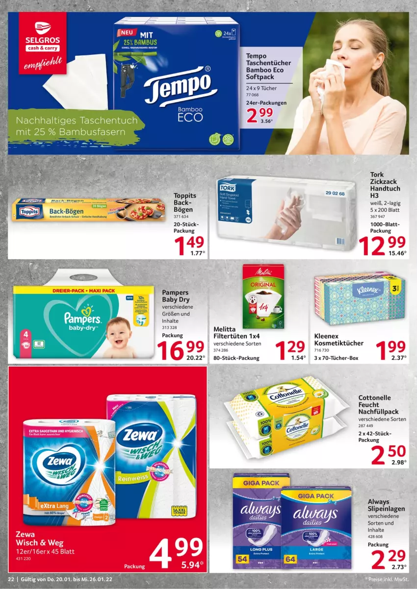 Aktueller Prospekt Selgros - Vorschau:
            Food - von 20.01 bis 26.01.2022 - strona 22 - produkty: Alwa, Always, bamboo, cottonelle, elle, handtuch, kosmetik, Kosmetiktücher, melitta, pampers, slip, slipeinlagen, Tasche, taschen, taschentücher, Tempo, Ti, toppits, tuc, tücher, Tüte