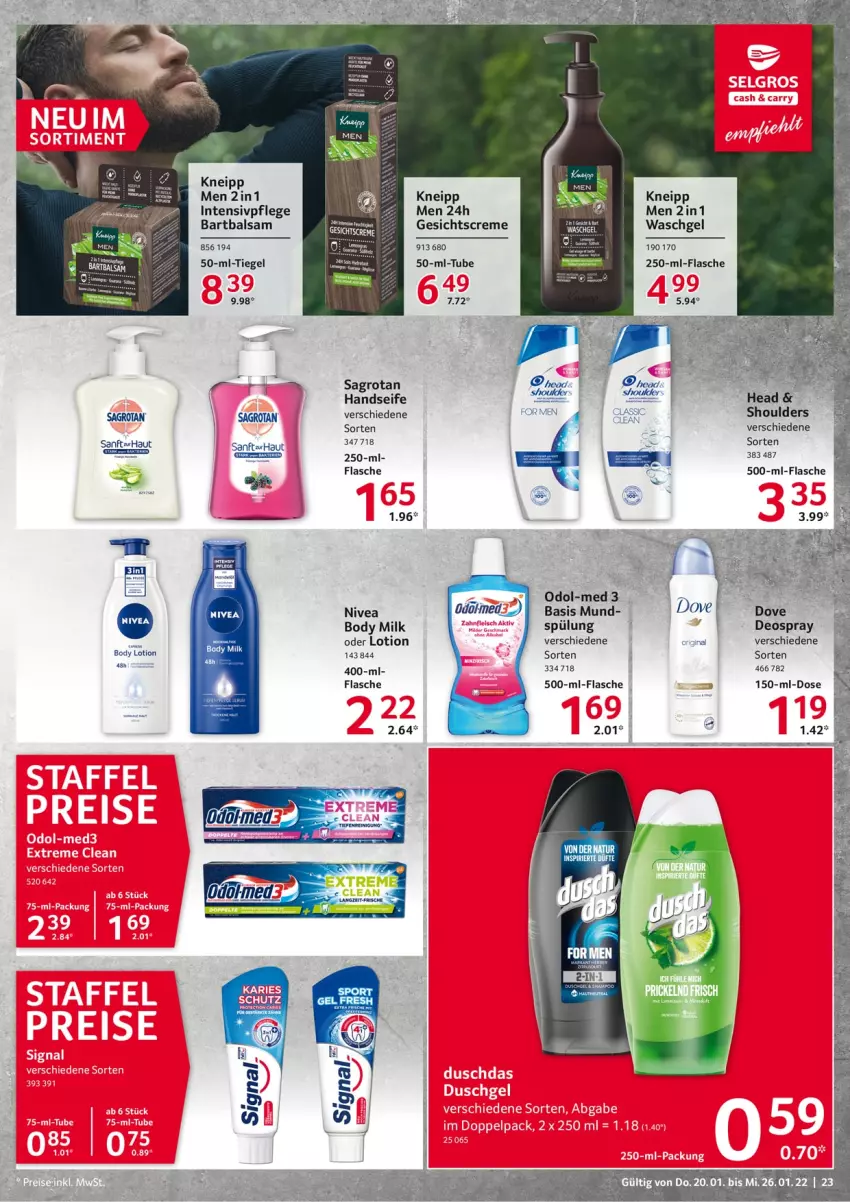 Aktueller Prospekt Selgros - Vorschau:
            Food - von 20.01 bis 26.01.2022 - strona 23 - produkty: balsam, body, body lotion, body milk, creme, deo, deospray, flasche, Gesichtscreme, gin, Handseife, kneipp, Lotion, natur, nivea, Odol, sagrotan, Seife, Sport, spülung, Ti, waschgel