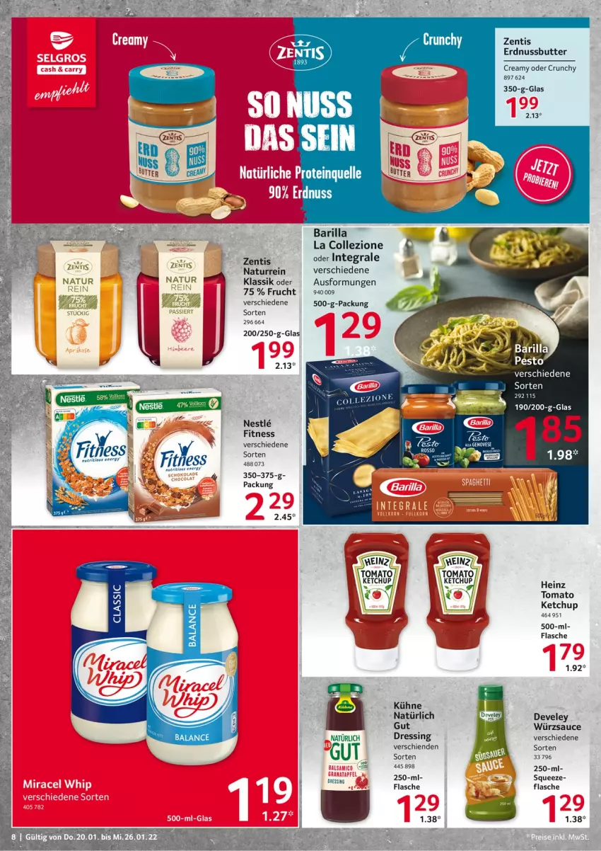 Aktueller Prospekt Selgros - Vorschau:
            Food - von 20.01 bis 26.01.2022 - strona 8 - produkty: barilla, Brille, butter, develey, dressing, erdnuss, Erdnussbutter, flasche, frucht, genovese, heinz, ketchup, Kühne, natur, nuss, sauce, Ti, tomato ketchup, würzsauce, zentis