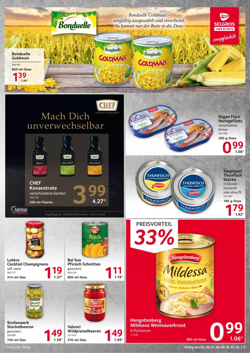 Aktueller Prospekt Selgros - Vorschau:
            Food - von 20.01 bis 26.01.2022 - strona 9 - produkty: auer, beere, beeren, blume, blumen, blumenöl, bonduelle, bonduelle goldmais, champignon, champignons, cocktail, eis, elle, filet, filets, fisch, flasche, Goldmais, hering, Herings, heringsfilets, mac, mais, pfirsich, pfirsiche, preisvorteil, reis, ring, rwe, schnitten, Stachelbeeren, Stollen, Ti, Wild, zucker