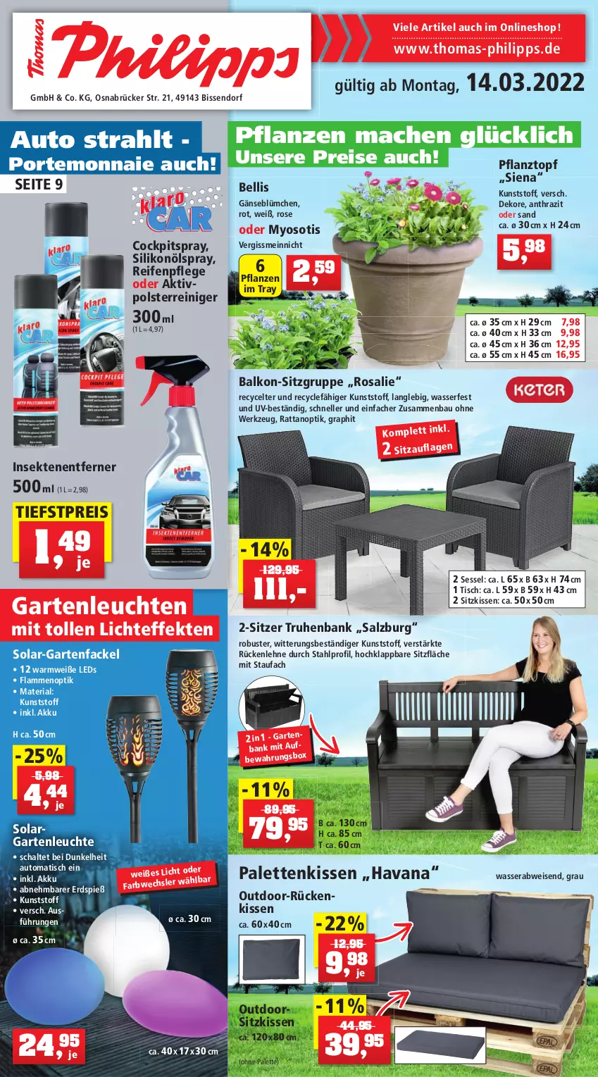 Aktueller Prospekt Thomas Philipps - Prospektwerbung - von 14.03 bis 19.03.2022 - strona 1 - produkty: akku, auto, Bank, Bau, eis, elle, Garten, Gartenfackel, kissen, lamm, leds, Leuchte, leuchten, mac, Palette, Palettenkissen, pflanze, pflanzen, Pflanztopf, Portemonnaie, reifen, Reifenpflege, reiniger, reis, Ria, Rückenkissen, rückenlehne, salz, Schal, sekt, sessel, siena, sitzkissen, Ti, tisch, topf, wasser, werkzeug, Yo