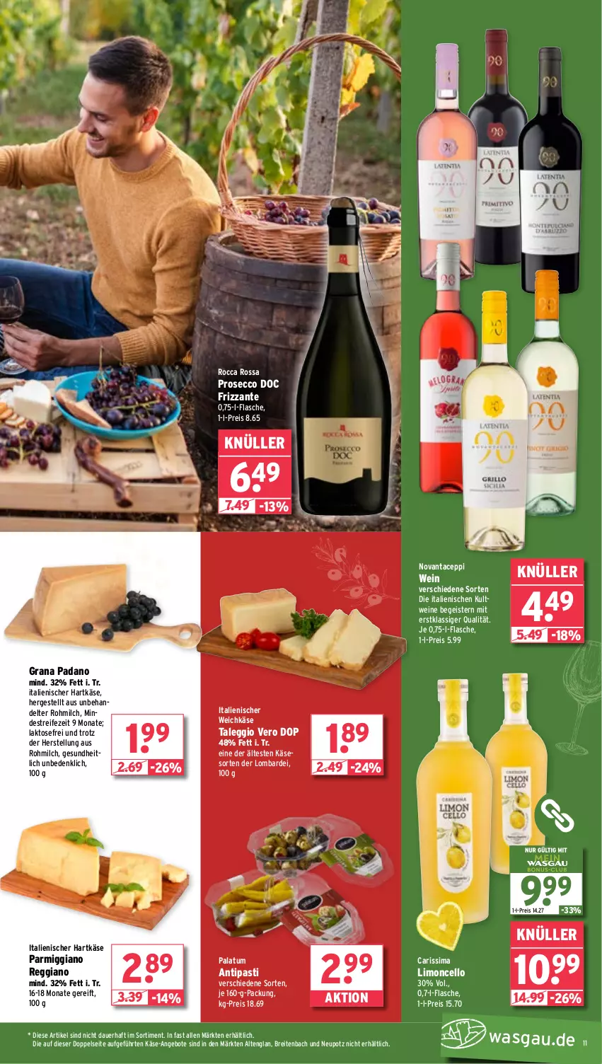 Aktueller Prospekt Wasgau - von 18.08 bis 23.08.2025 - strona 11 - produkty: angebot, angebote, antipasti, asti, auer, Brei, ecco, eis, flasche, frizzante, Gesundheit, grana, grana padano, hartkäse, italienischer hartkäse, Käse, limo, milch, padano, prosecco, Rana, reggiano, reis, sim, Ti, weichkäse, wein, weine