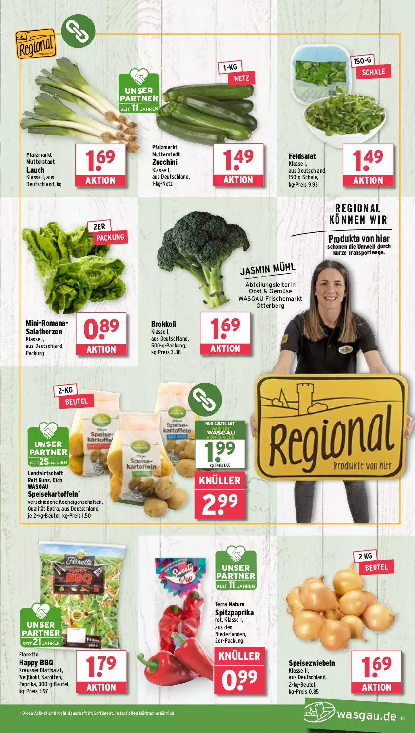 Aktueller Prospekt Wasgau - von 18.08 bis 23.08.2025 - strona 13 - produkty: Abtei, auer, beutel, brokkoli, eis, feldsalat, florette, karotten, kartoffel, kartoffeln, natur, natura, obst, paprika, paprika rot, reis, Romanasalat, salat, salatherzen, Schal, Schale, speisekartoffeln, Speisezwiebeln, Spitzpaprika, Sport, Ti, Weißkohl, zucchini, zwiebel, zwiebeln