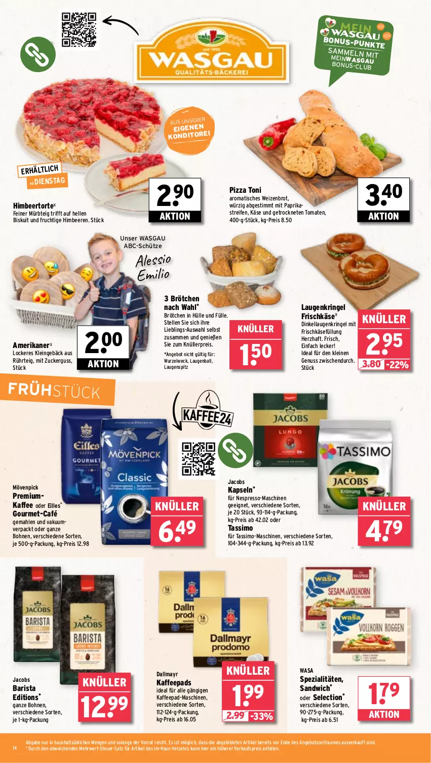 Aktueller Prospekt Wasgau - von 18.08 bis 23.08.2025 - strona 14 - produkty: angebot, ball, beere, beeren, bohne, bohnen, brot, brötchen, dallmayr, eis, elle, espresso, frischkäse, frucht, himbeer, himbeere, himbeeren, jacobs, kaffee, kaffeepads, Käse, leine, mit paprika, mövenpick, Mürbteig, nespresso, nuss, paprika, pizza, reifen, reis, ring, rwe, sandwich, Schütze, sim, Spezi, tassimo, Ti, tisch, tomate, tomaten, torte, wasa, weck, Weizenbrot, zucker