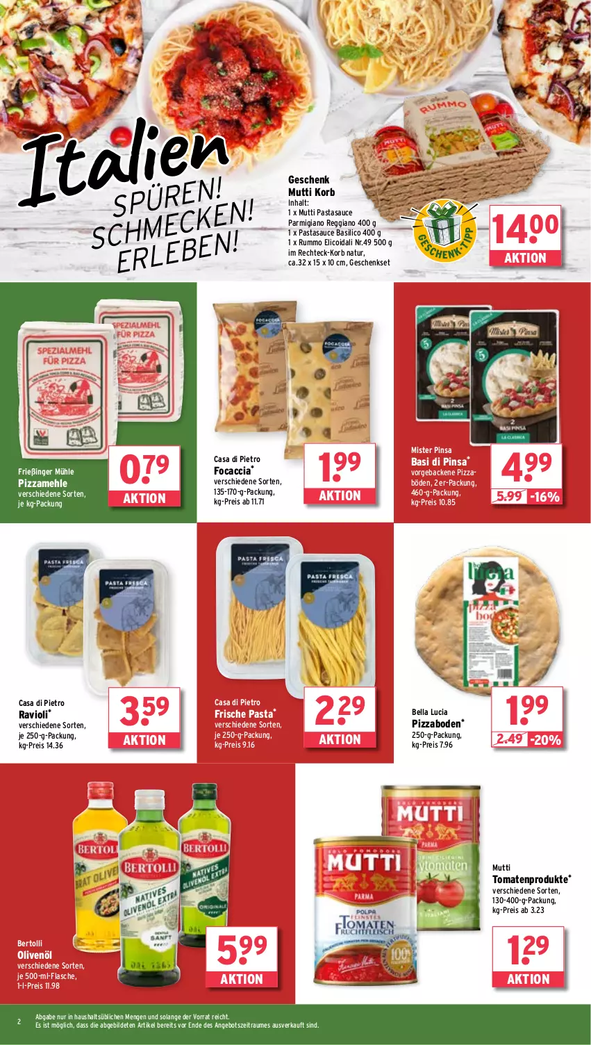 Aktueller Prospekt Wasgau - von 18.08 bis 23.08.2025 - strona 2 - produkty: ACC, angebot, basilico, bertolli, eis, flasche, Focaccia, Frische Pasta, geback, geschenkset, je 250-g-packung, je 500-ml-flasche, korb, mehl, Mutti, natur, olive, oliven, olivenöl, parmigiano, parmigiano reggiano, pasta, pizza, Pizzamehl, ravioli, reggiano, reis, rum, sauce, Ti, tomate, tomaten