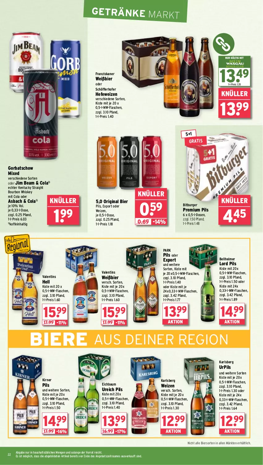 Aktueller Prospekt Wasgau - von 18.08 bis 23.08.2025 - strona 22 - produkty: angebot, Bau, bier, Biere, bitburger, bourbon, bourbon whiskey, burger, cola, eimer, eis, flasche, franziskaner, getränk, getränke, gin, Gorbatschow, Hefe, hefeweizen, jim beam, karlsberg, kentucky straight, mw-flasche, pils, premium pils, reis, schöfferhofer, Ti, tuc, whiskey