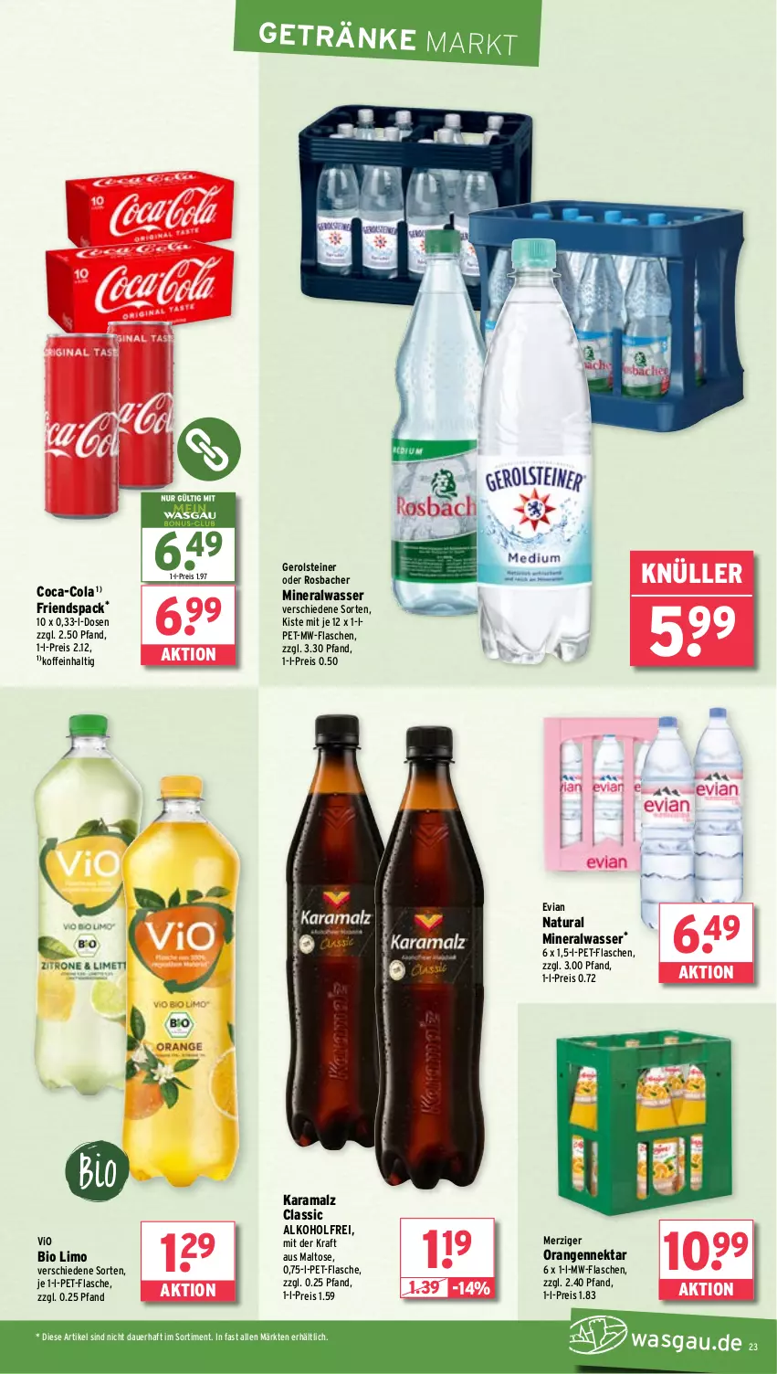 Aktueller Prospekt Wasgau - von 18.08 bis 23.08.2025 - strona 23 - produkty: alkohol, Alwa, auer, bio, bio limo, coca-cola, cola, eis, flasche, gerolsteine, gerolsteiner, getränk, getränke, karamalz, kraft, limo, malz, mineralwasser, mw-flasche, natur, natura, Nektar, orange, orangen, pet-flasche, pet-flaschen, rama, reis, steiner, Ti, vio bio limo, wasser