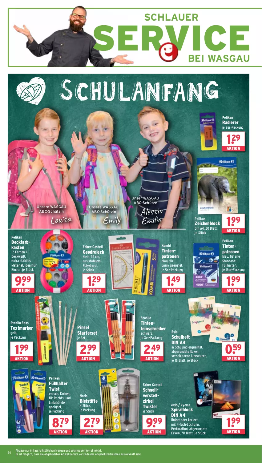 Aktueller Prospekt Wasgau - von 18.08 bis 23.08.2025 - strona 24 - produkty: angebot, auer, Bleistift, bleistifte, boss, deckfarbkasten, din a4, eis, faber castell, Füllhalter, Kinder, papier, pelikan, Pinsel, Ria, Schütze, stabilo, stifte, textmarker, Ti, Tintenpatrone, Yo, zeichenblock