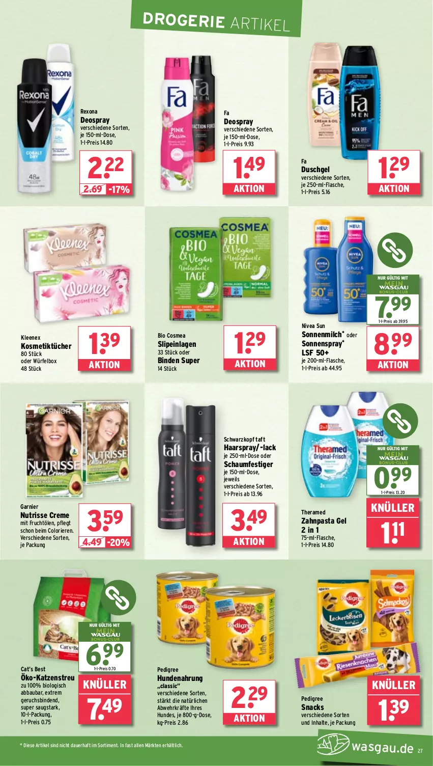 Aktueller Prospekt Wasgau - von 18.08 bis 23.08.2025 - strona 27 - produkty: Abba, auer, Bau, binden, bio, cosmea, creme, deo, deospray, duschgel, eis, fa duschgel, flasche, frucht, garnier, haarspray, hundenahrung, Katzenstreu, kosmetik, Kosmetiktücher, lack, milch, mit frucht, nivea, nivea sun, Nutrisse, oder schaumfestiger, pasta, pedigree, reis, rexona, schaumfestiger, schwarzkop, schwarzkopf, slip, slipeinlagen, snack, snacks, sonnenmilch, sonnenspray, Taft, theramed, Ti, tücher, würfel, zahnpasta