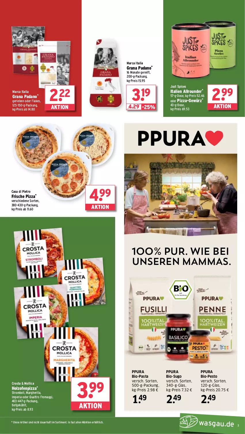 Aktueller Prospekt Wasgau - von 18.08 bis 23.08.2025 - strona 3 - produkty: auer, bio, eis, flakes, gewürz, grana, grana padano, Holz, maggi, mam, margherita, Ofen, padano, pasta, pesto, pizza, Rana, reis, Ria, Sugo, Ti