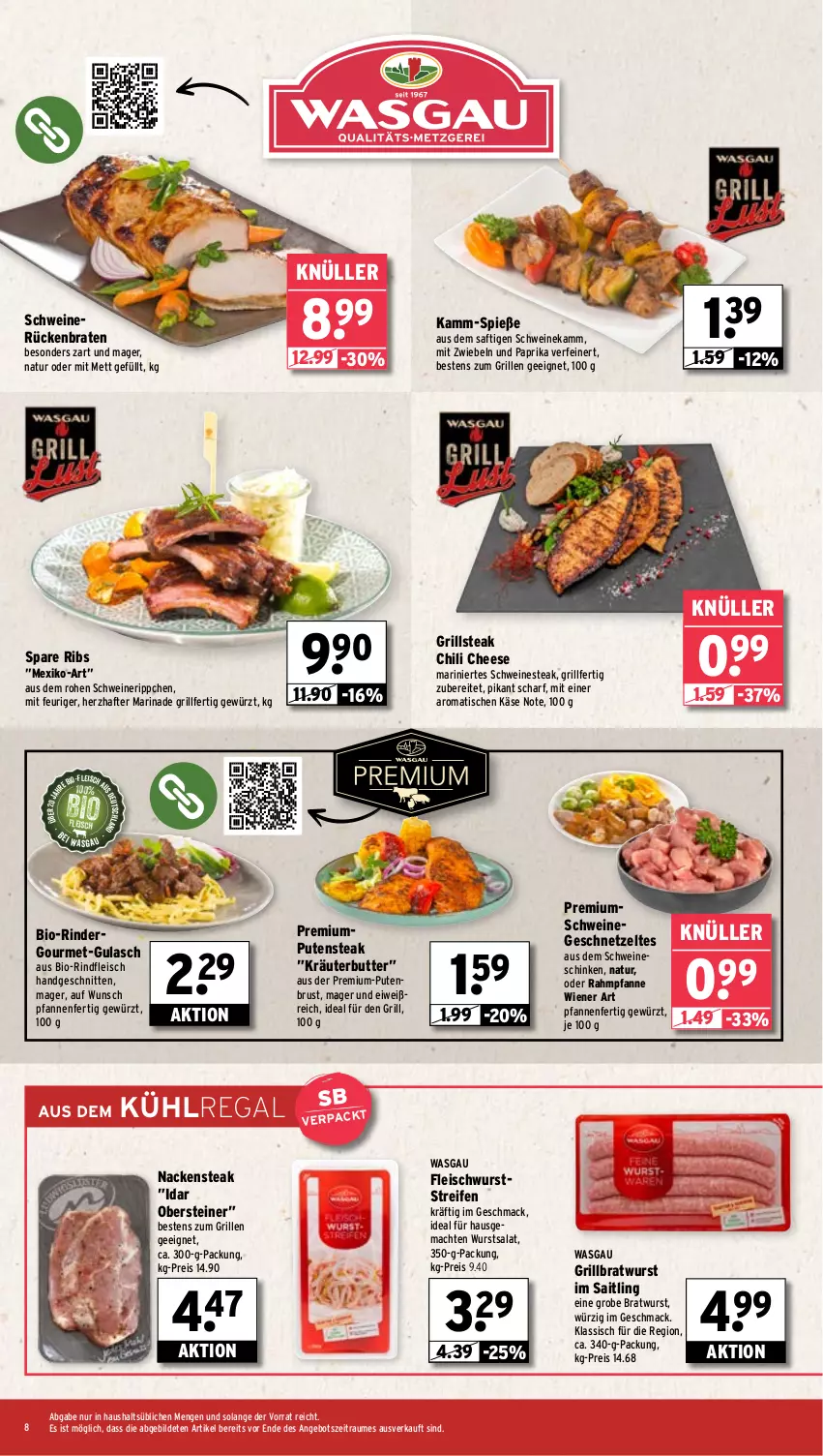 Aktueller Prospekt Wasgau - von 18.08 bis 23.08.2025 - strona 8 - produkty: angebot, bio, bio-rindfleisch, braten, bratwurst, butter, chili, eis, fleisch, fleischwurst, geschnetzeltes, gewürz, grill, grillbratwurst, grobe bratwurst, gulasch, Käse, kräuter, kräuterbutter, kühlregal, mac, marinade, Mett, mit zwiebeln, Nackensteak, natur, Nestea, paprika, pfanne, pfannen, pute, putenbrust, regal, reifen, reis, rind, rinder, rindfleisch, Rückenbraten, saft, salat, schinken, schnitten, schwein, schweine, schweinerücken, spare ribs, steak, steiner, Ti, tisch, wein, weine, wiener, wurst, Zelt, zwiebel, zwiebeln