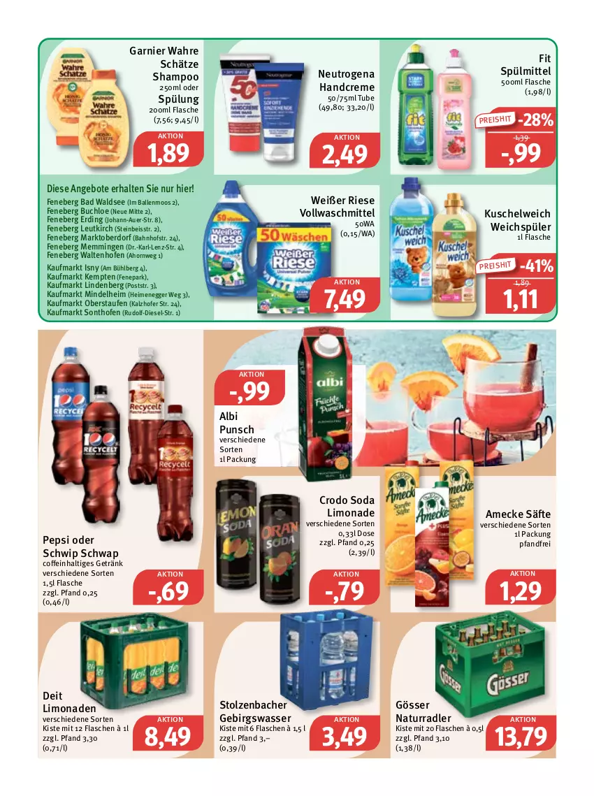 Aktueller Prospekt Feneberg - Prospekte - von 17.11 bis 19.11.2022 - strona 15 - produkty: amecke, angebot, angebote, auer, Bad, ball, buch, chloe, coffein, creme, deit, Diesel, Egger, eis, emmi, flasche, garnier, getränk, gösser, gsw, handcreme, Kuschelweich, limo, limonade, limonaden, natur, neutrogena, Ofen, pepsi, radler, reis, säfte, Schwip Schwap, shampoo, Soda, spülmittel, spülung, Ti, vollwaschmittel, Wahre Schätze, waschmittel, wasser, weichspüler